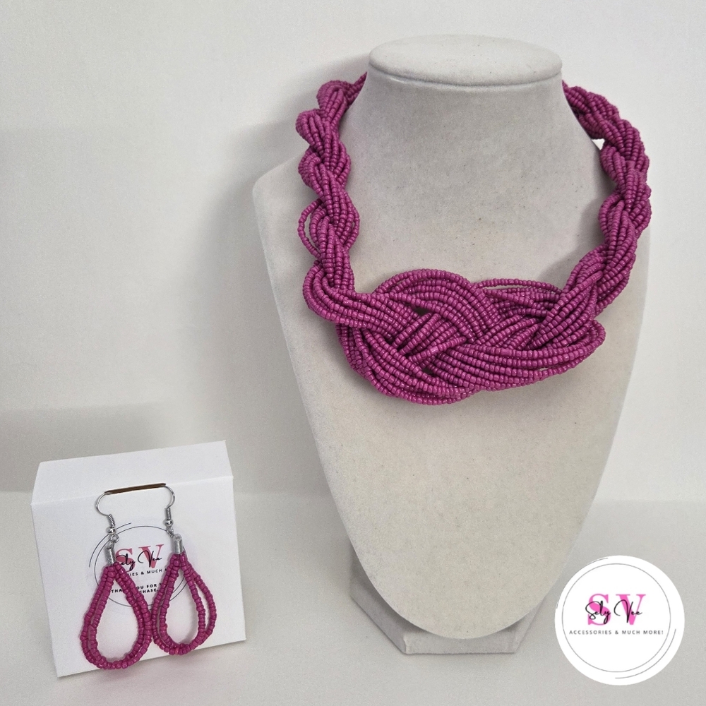 Pink Beaded Necklace and Earring Set